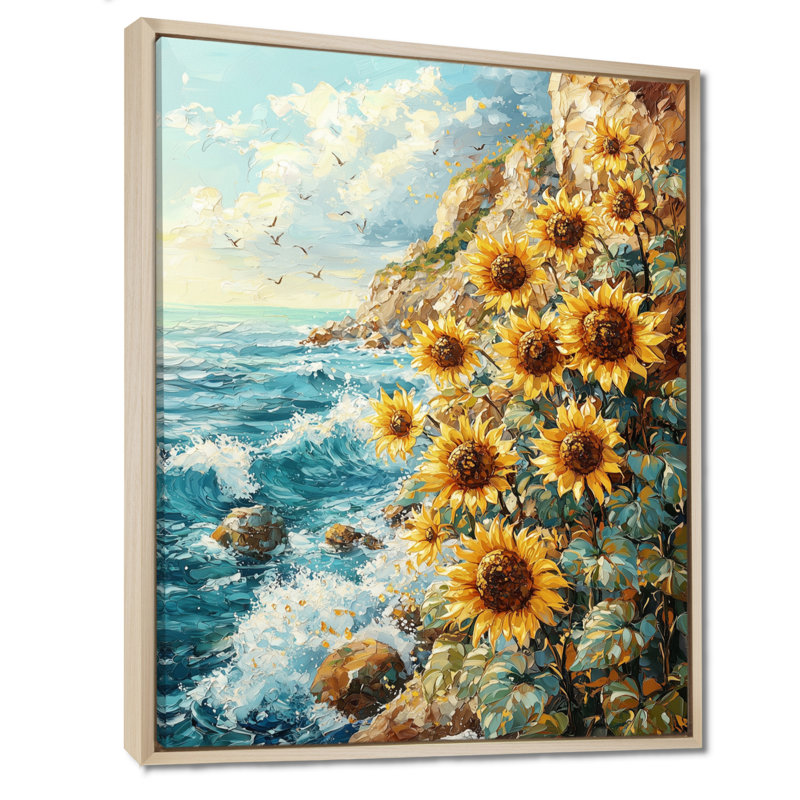 «Dittmyre Ocean Breeze Sunflowers At The Coast II» - Art mural tournesols, H 32 po x l 24 po, Impression encadrée flottante