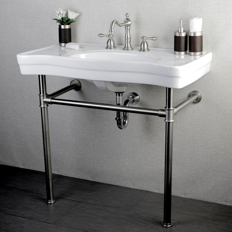 Kingston Brass Imperial 36-Inch Ceramic Console Sink with Stainless Steel Legs (8-Inch, 3-Hole), White/Brushed Nickel