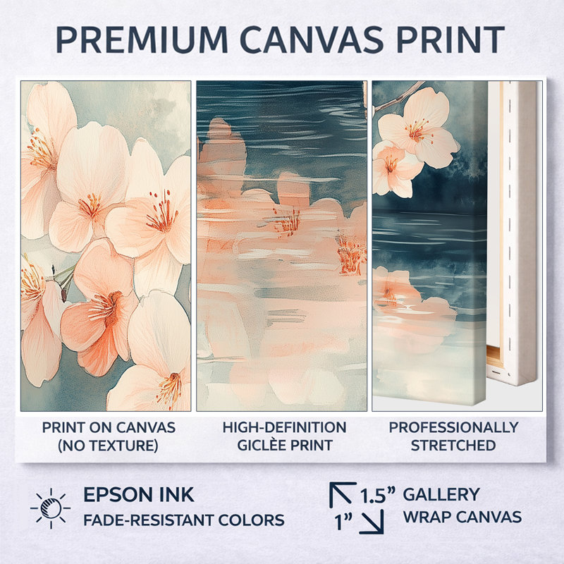 Décoration murale en toile Cherry Blossom Reflection I - Rose Sakura, H 30 po x l 40 po, Cadre naturel flottant