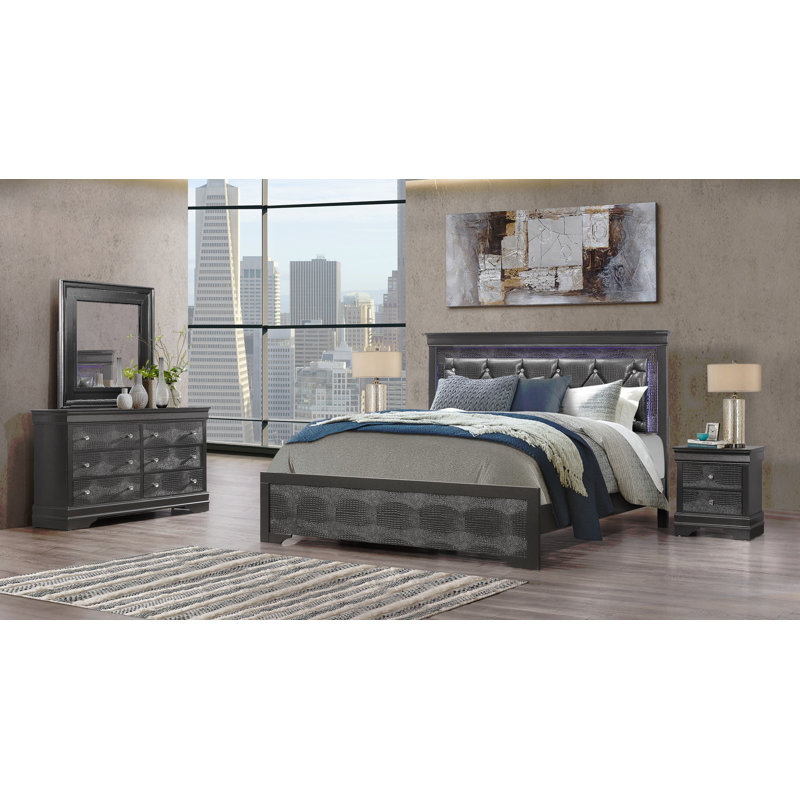 KING BED WITH LED Glamorous Crystal-Inspired Tufted Bed, Grey, King