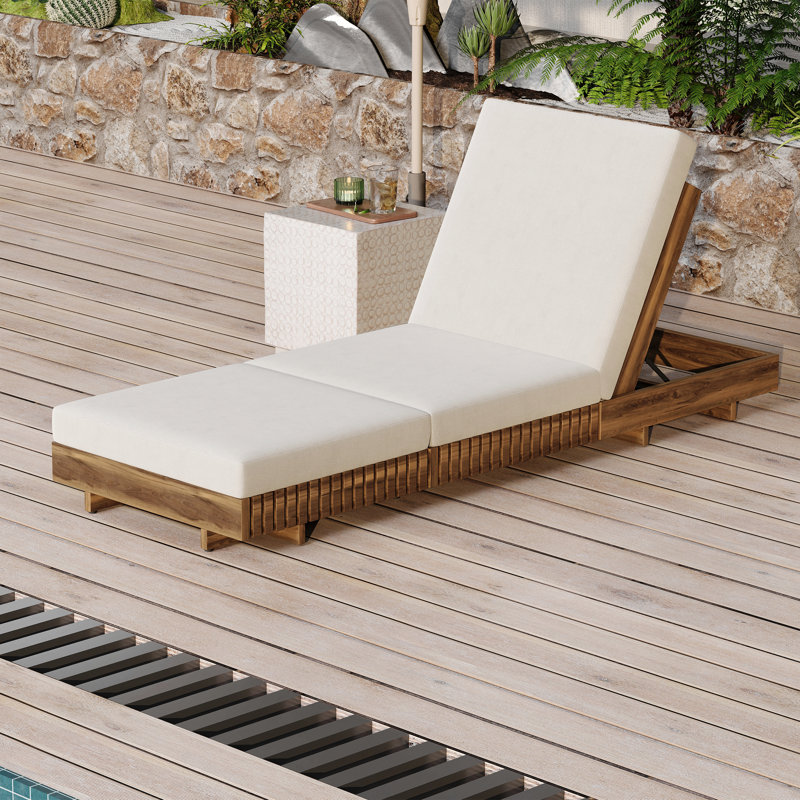 Chaise longue d'extérieur avec dossier réglable à 6 positions, bois d'acacia massif, Crème, crème
