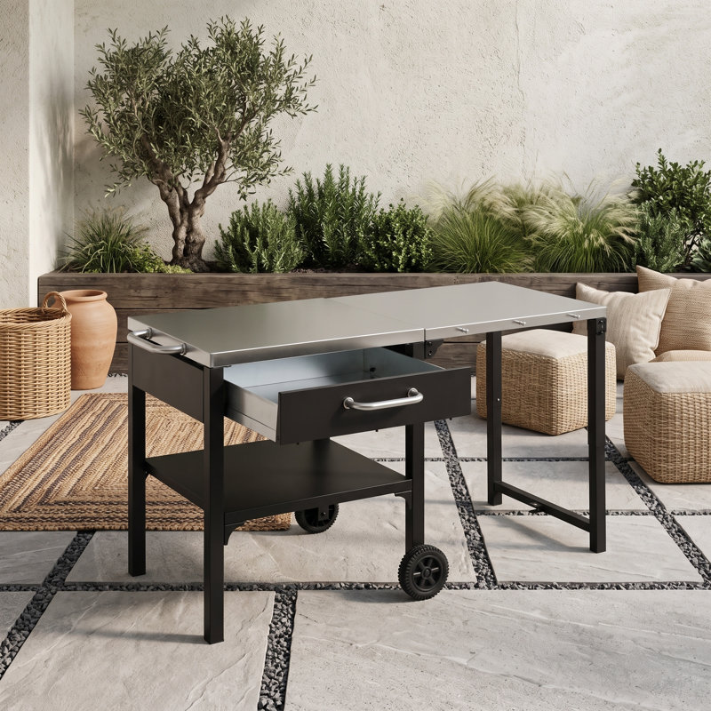 Chariot de cuisine pliable pour l'extérieur avec plateau de préparation en acier inoxydable, tiroir de rangement et tablette