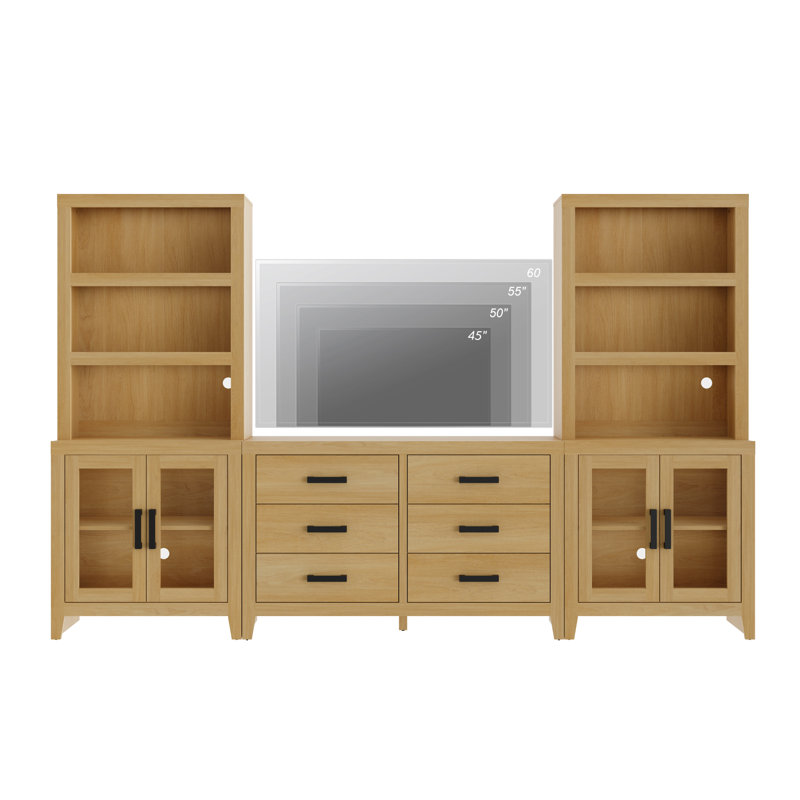 Entertainment Center With Bookshelves, Farmhouse TV Stand For 75 Inch TV, Wood Media Console With Glass Doors And 6 Storage Drawers For Living Room, Bedroom, Oak