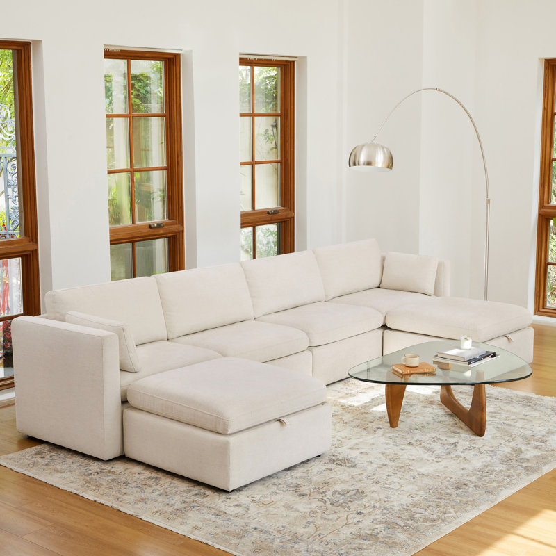 Canapé modulaire rembourré 146,5 po Winfree, Mélange de lin beige