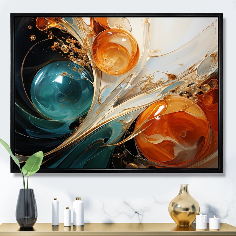 Orange et orange, planètes vagues IV - art mural abstrait, Cadre flottant noir, H 16 po x l 32 po x P 1 po