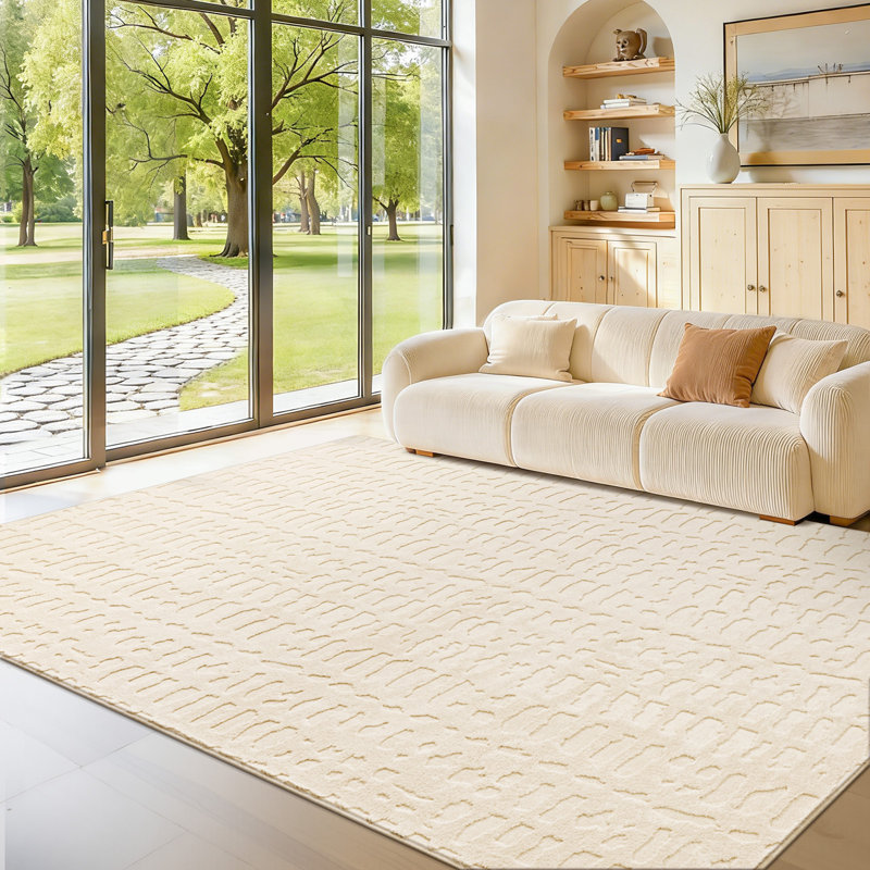 Tapis ivoire moderne en velours moelleux et moelleux, Rectangulaire 8 pi x 10 pi