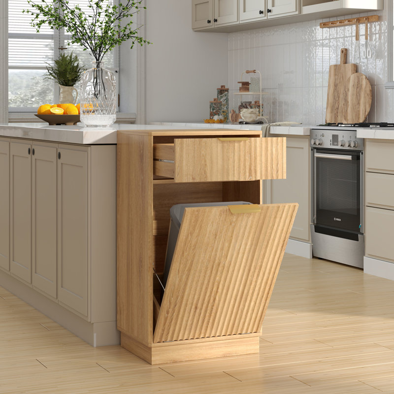 Armoire de recyclage des ordures avec tiroir dissimulé texturé, Naturel, Doré