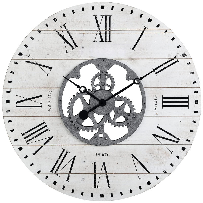Oversized White Shiplap Gears Wall Clock with Galvanized Center