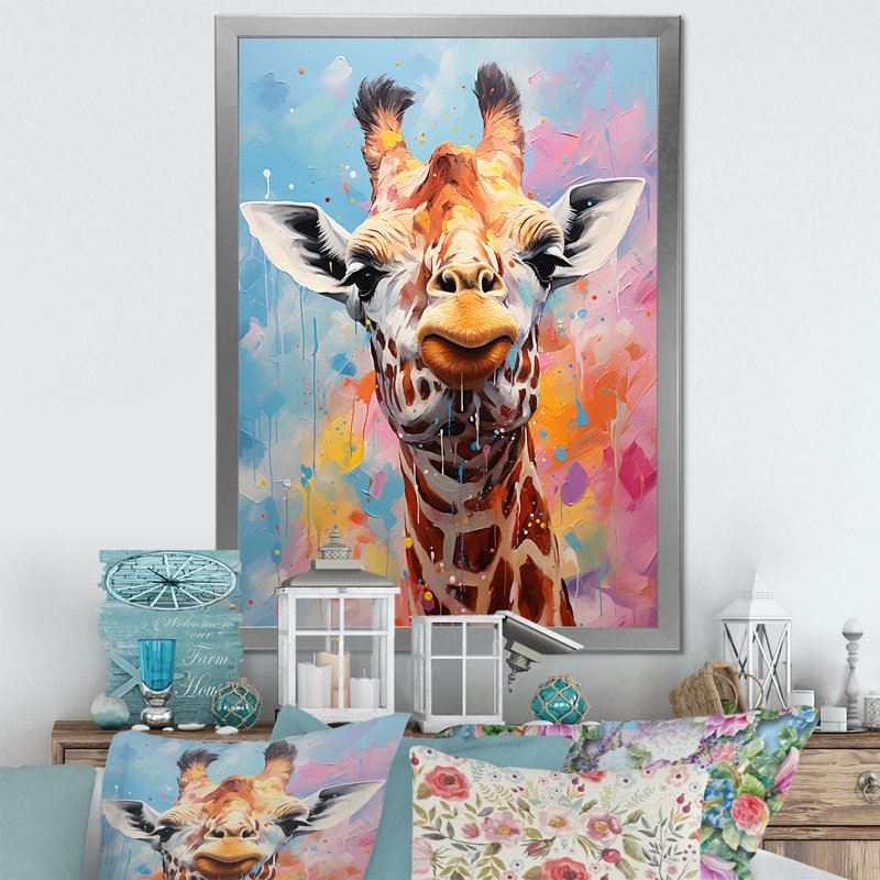 Popart Art, girafe multicolore Grace II sur toile, Cadre simple argenté, H 44 po x l 34 po x P 1,5 po