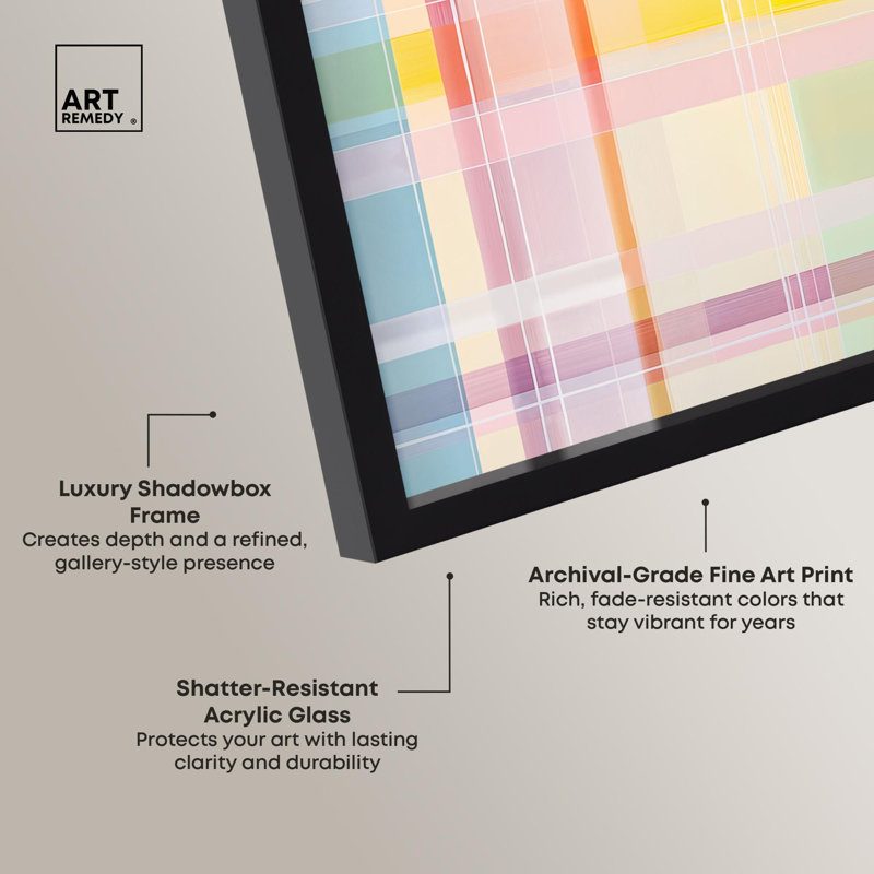 «Urban Plaid II», impression abstraite, boîte-cadre par Art Remedy, H 41 po x l 41 po, Noir