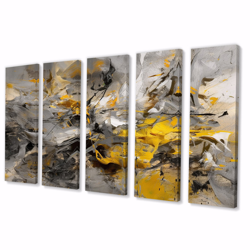 Abstract Collage Canvas Wall Art, Grey Yellow Multi-Panel Decor - Crysta