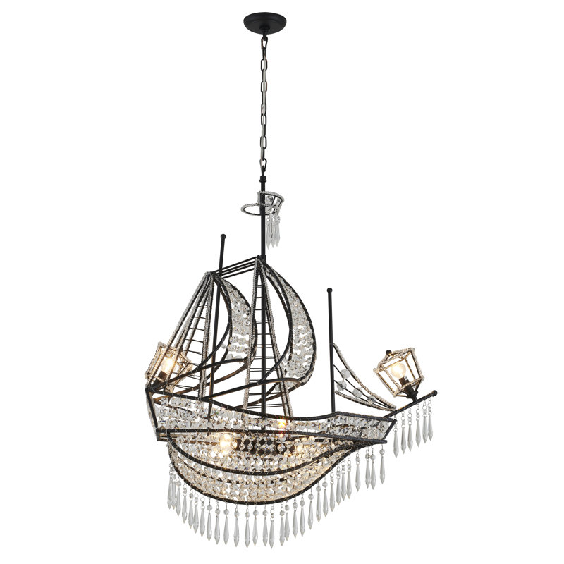 Eclectic 4 Light Crystal Ship Boat Chandelier, Matte Black