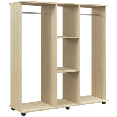 Natural Wood Grain Wheeled Double Hanging Open Garment Unit with Central Storage Shelving for Bedroom and Cloakroom Organisation