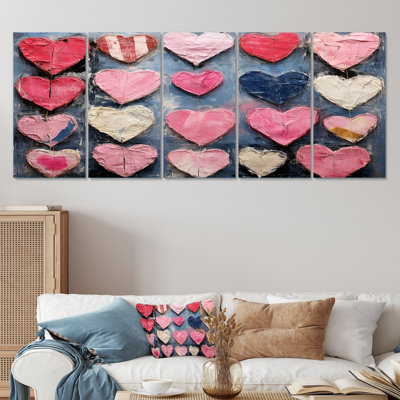 Pink And Blue Heart Pop Art III - Pop Art 5 Piece Wall Art For Living Room