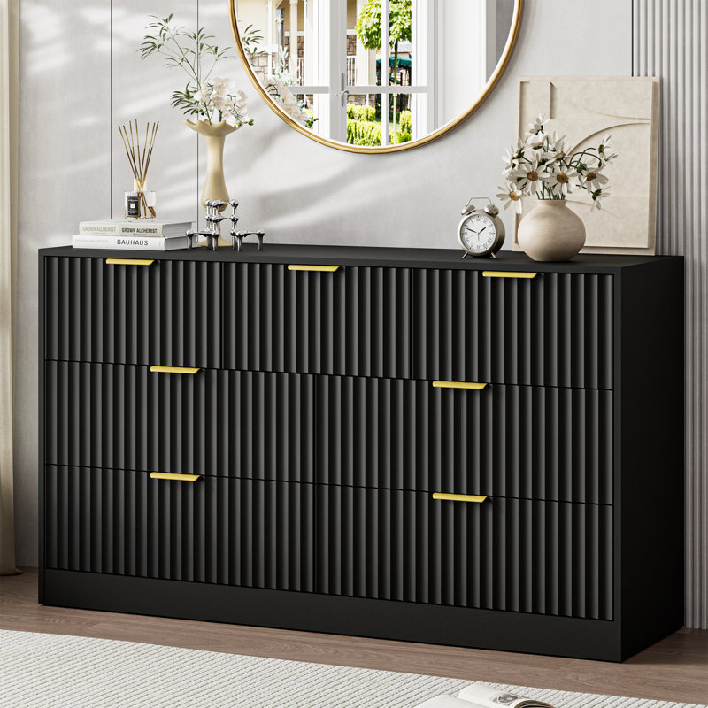 Black Fluted Dresser For Bedroom With 7 Drawers, 55" Wide Modern Chest Of Drawers With Metal Handle, Black