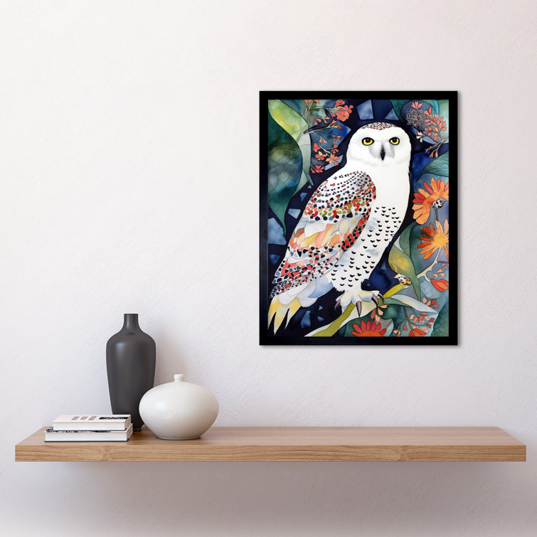 Snowy Owl On Blooming Tree Folk Art Art Print Framed Poster Wall Decor 12x16 inch