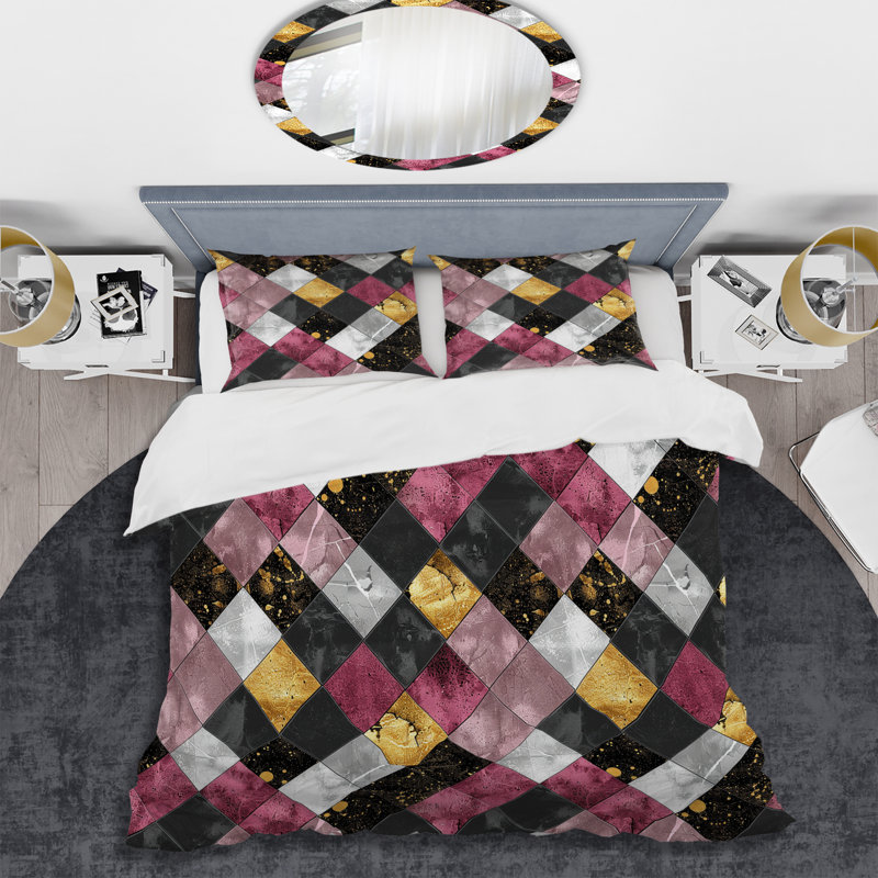 Grey Pink Glam Squares - Ensemble de housse de couette Glam, Housse de couette très grand + 2 taies décorativ