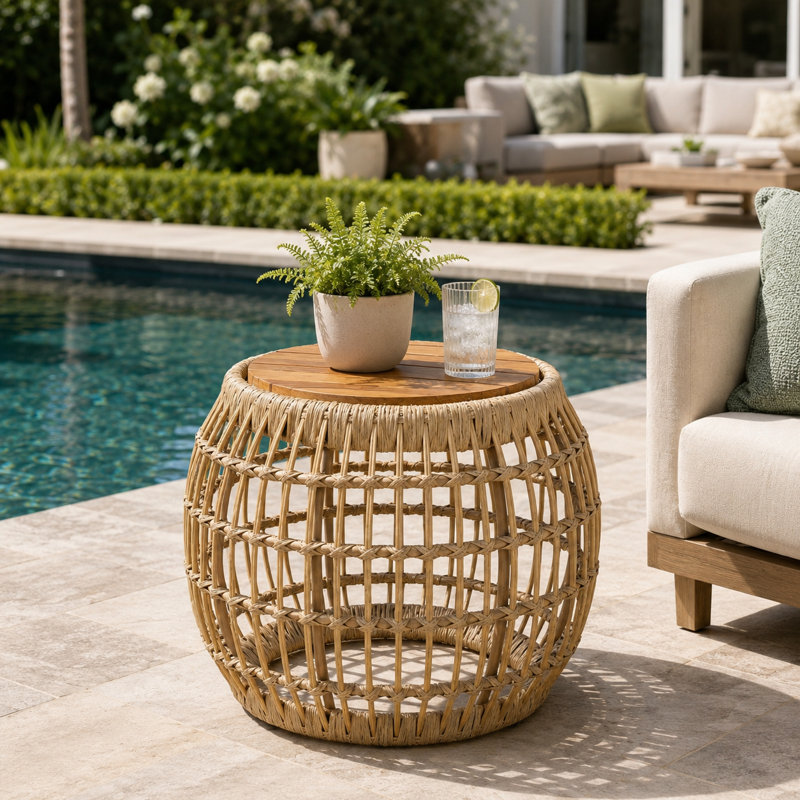 Boho Round Outdoor End Table with Light Brown Wood Top and Wicker Frame