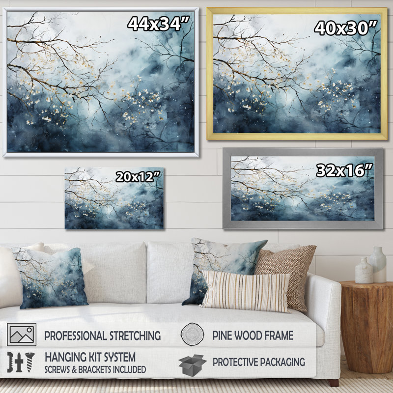 " Winter Tree Minimal Landscape II ", 16" H x 32" W x 1" D, White Floater Framed