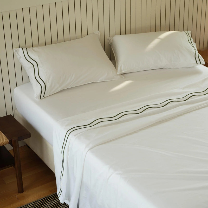 Ensemble de draps 100% coton, Olive Green White, Ensemble de draps pour lit très grand californien