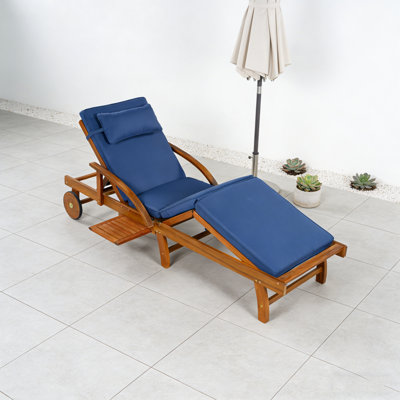 77.5" Acacia Wood Outdoor Chaise Lounge With Cushions, Adjustable Reclining Back & Footrest, Headrest & Side Tray For Patio Pool Garden Beach