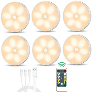 Luminaire DEL pour garde-robe, paquet de 6 luminaires rechargeables sous l'armoire, blanc chaud, prise américaine (Ensemble de 6)