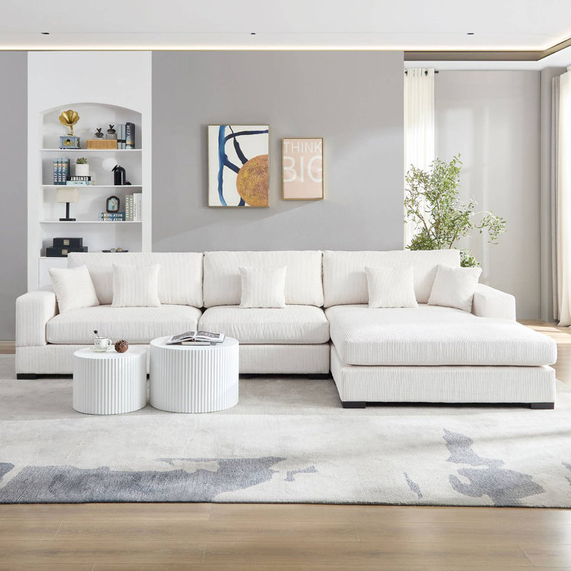148" Upholstered Soft Sectional With Chaise, Beige Polyester