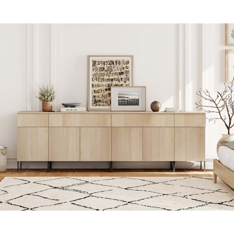 94.5" Modern Wood 4-Drawer Dresser With Reeded Design, Minimalist Dresser Organizer Storage Cabinet With Charging Station For Bedroom,Living Room, Entryway