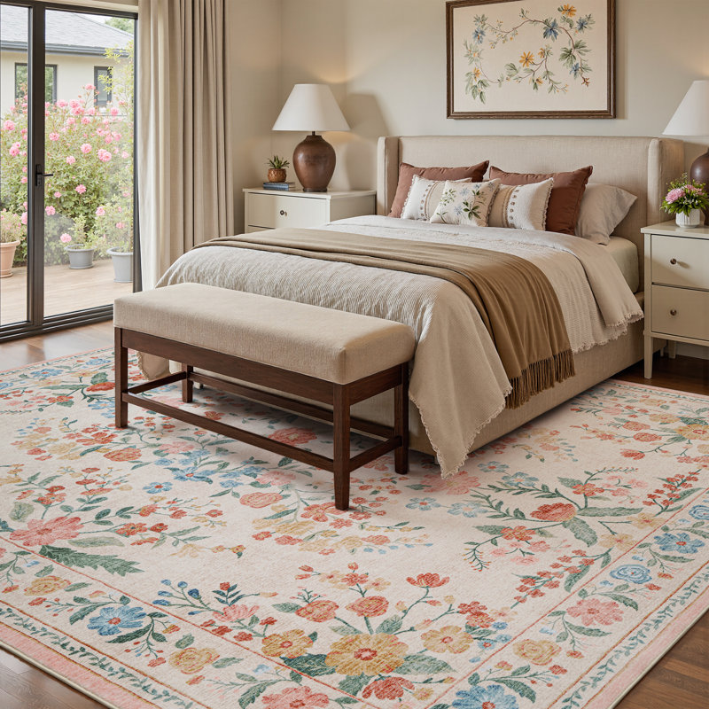 Tapis lavable antidérapant doux à motif floral beige et rosé, Rectangle 9 pi x 12 pi, Beige