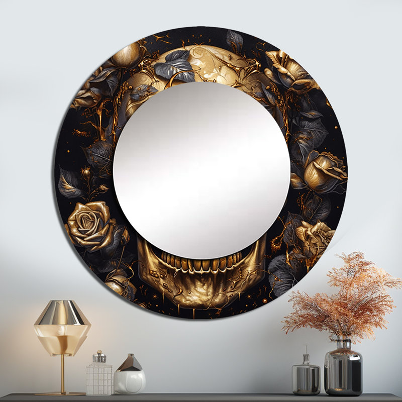 Oleksandr Gothic Skull Roses - miroir mural décoratif floral, miroir rond traditionnel, impression d'art en métal