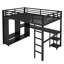 Lit mezzanine double en métal avec bureau, garde-robe, tablettes et garde-corps, structure noire peu encombrante