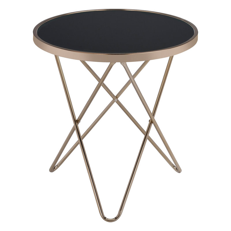 Table ronde avec plateau en verre noir et finition champagne, Noir transparent
