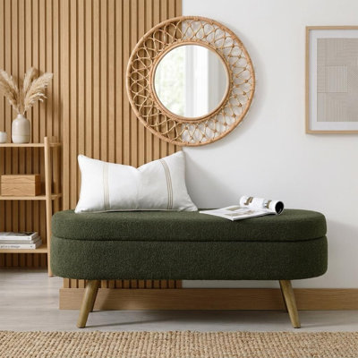 43.5In Storage Ottoman Bench Upholstered Linen Oval Ottoman With Rubber Wood Legs For Living Room/Entryway/Bedroom Green