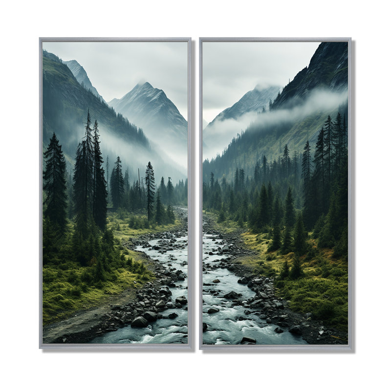 Canada Misty Mountains - art mural vert, H 20 po x l 24 po, Impression encadrée flottante, Argent argent