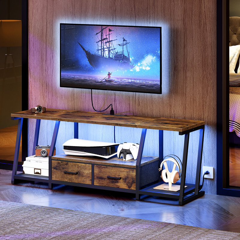 LED TV Stand With Fabric Drawers And Charing Station, 20"H x 55.1"L x 15"W, Black/Rustic Brown
