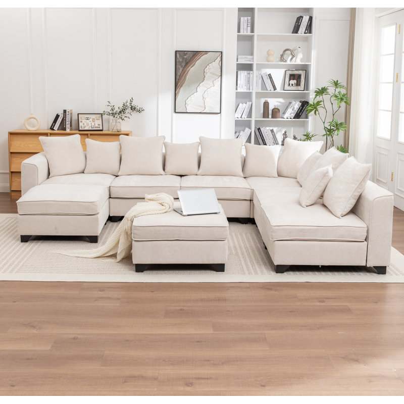 Kempson 8 - Piece Upholstered U-Shaped Sectional Sofa With Two Ottomans, Beige Polyester