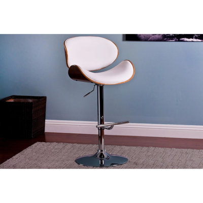 Tabouret de bar pivotant à hauteur réglable moderne avec siège et dossier courbés blanc, structure en noyer contemporain avec base en piédestal 36 44 po
