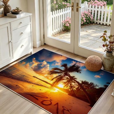 Tapis d'intérieur bleu lavable à la machine, motif plage et inscription « Bonne année 2018 ».