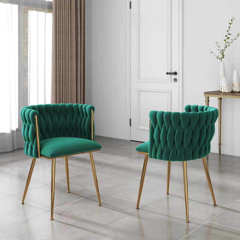 Chaise de salle à manger en velours tissé, Vert, Doré