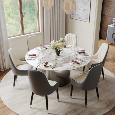 POVISON Modern Sintered Stone Round Dining Table with U-shaped Leg, Seats 4 to 6, Kitchen Table for Living Room
