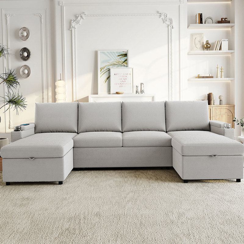 Canapé-lit modulaire convertible en forme de U avec deux chaises longues, accoudoirs multifonctionnels, rangement et ports USB pour des espaces de vie confortables