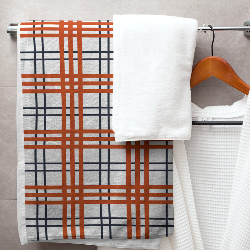 Bath Towel, Polyester/Cotton Blend, White/Dark Navy/Orange