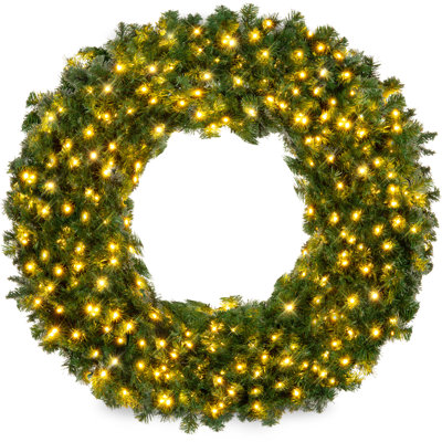 Artificial Pre-Lit Fir Christmas Wreath Decoration w/ LED Lights, 930 Tips, Power Plug-In