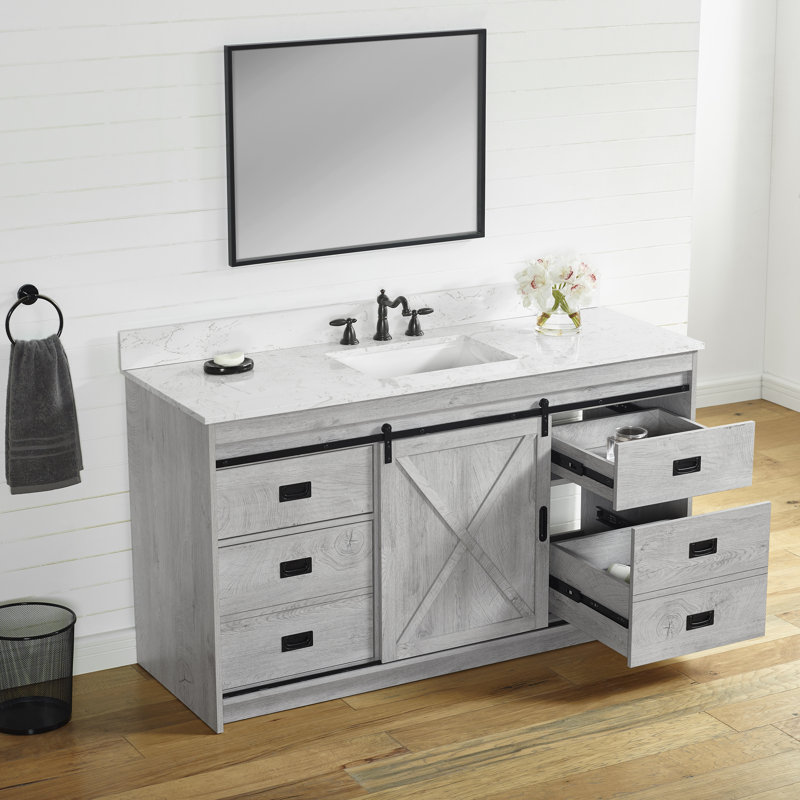 Ensemble de meuble-lavabo simple 60 po Jillian, Blanc délavé / noir mat