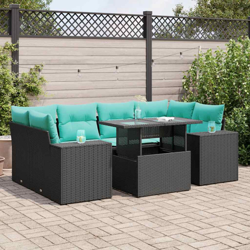  7 Piece Patio Sofa Set With Cushions Poly Rattan Acacia, Green, Black