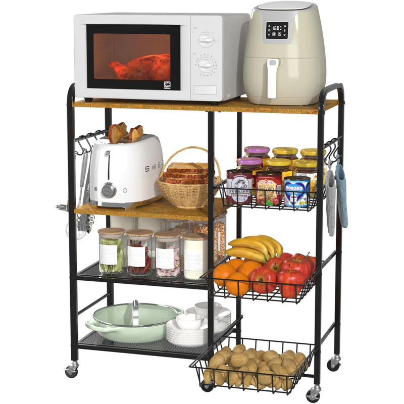 5-Tier Rolling Kitchen Cart with Drawer & S-Hooks – Microwave Stand with Storage Shelves