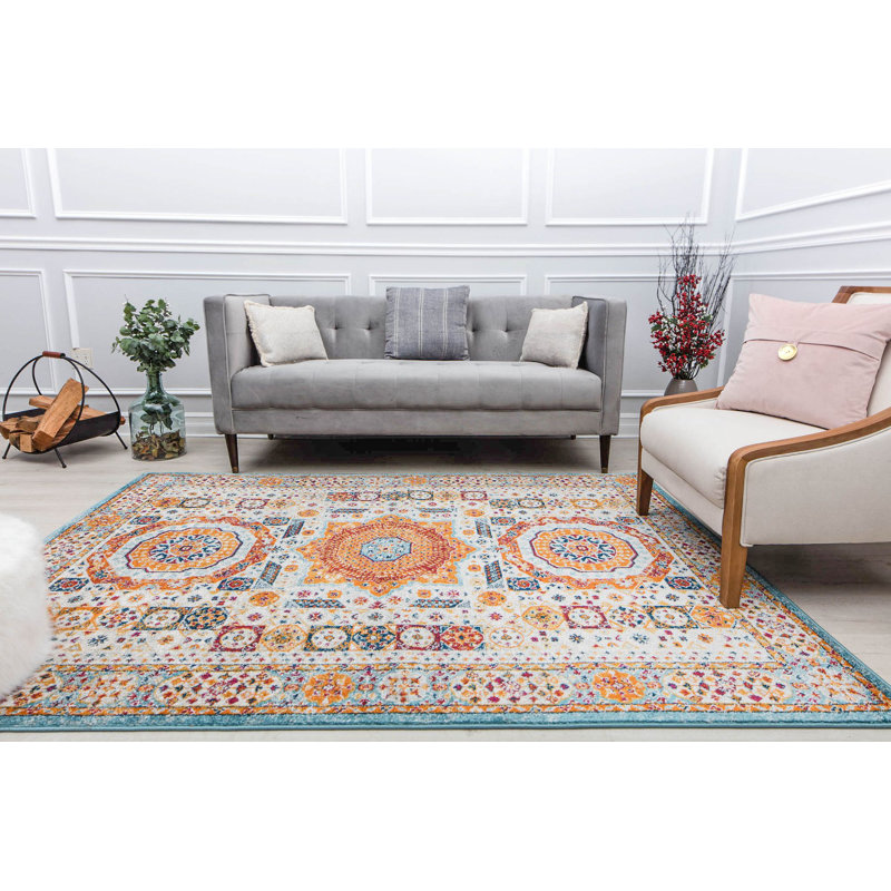 Tapis oriental orange / bleu Bartolo, Rectangle 8 pi x 10 pi
