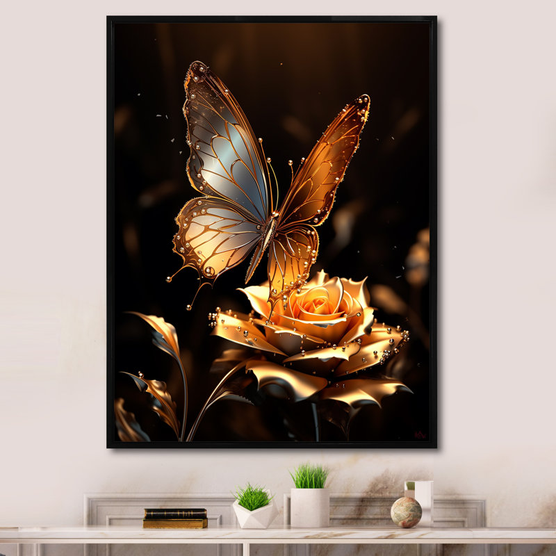 «Gold Butterfly Essence Blooms III», art mural papillon, Cadre flottant noir, 32" H x 16" W