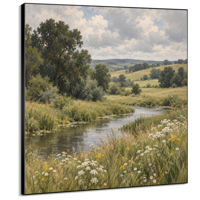 Impression sur tissu grand format - Ruisseau d'été dans une prairie avec fleurs sauvages blanches pour salon ou chambre - « Assemblage du cadre requis (cadre non fini) »