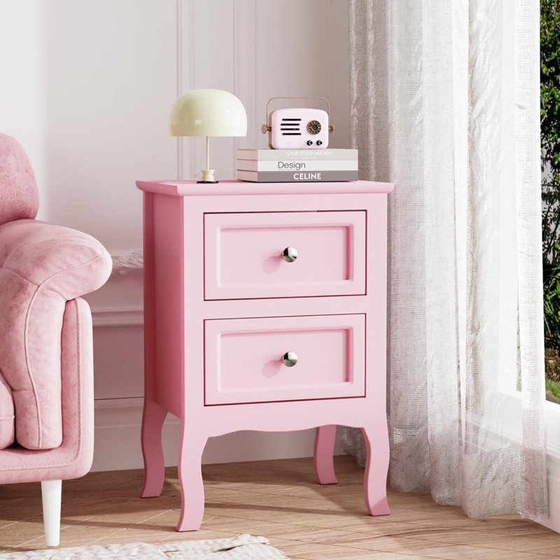 Table de chevet de style campagnard à 2 tiroirs rose pastel avec pieds en cabriole courbés, table de chevet en bois aggloméré peint, table de chevet classique pour chambre d'enfant
